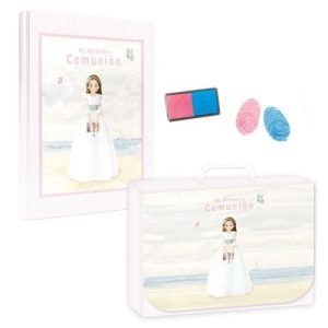 LIBRO COMUNION HUELLAS NIÑA PLAYA + MALETIN 44 HOJ